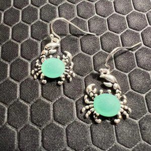 Crab Earrings with Aqua Sea Glass M18K White Gold Plated